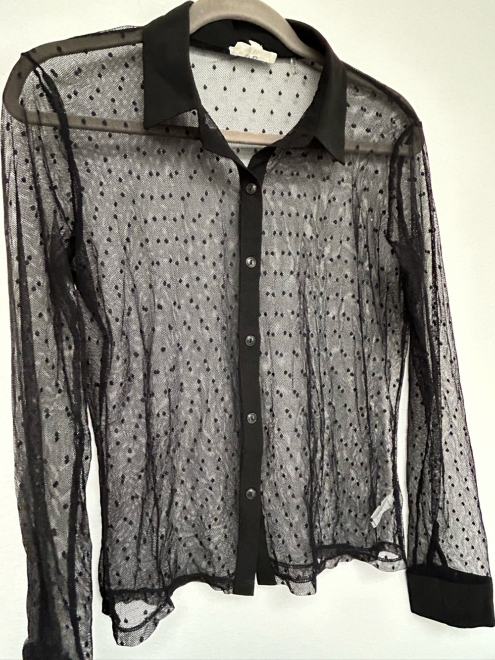 Y2K 2000s Sheer black Lace Polkadot Button down Top Womens size Large HAVE